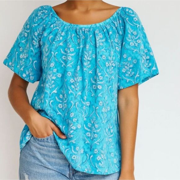 Soft Surroundings Blue Floral Boho Cotton Peasant Blouse Size XL - Picture 1 of 7